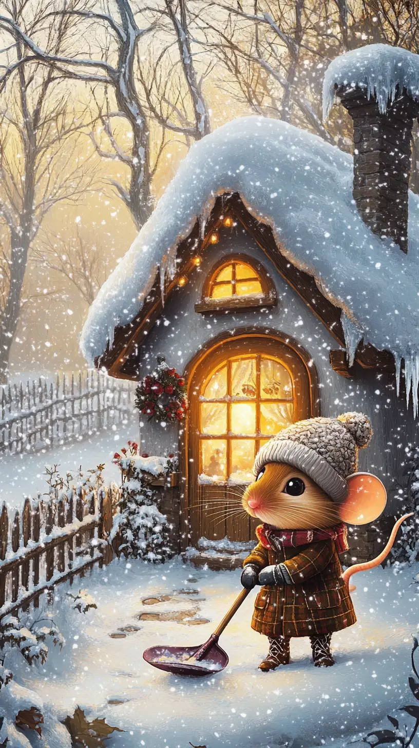 Cozy Mouse Shoveling Snow Outside Tiny Winter House