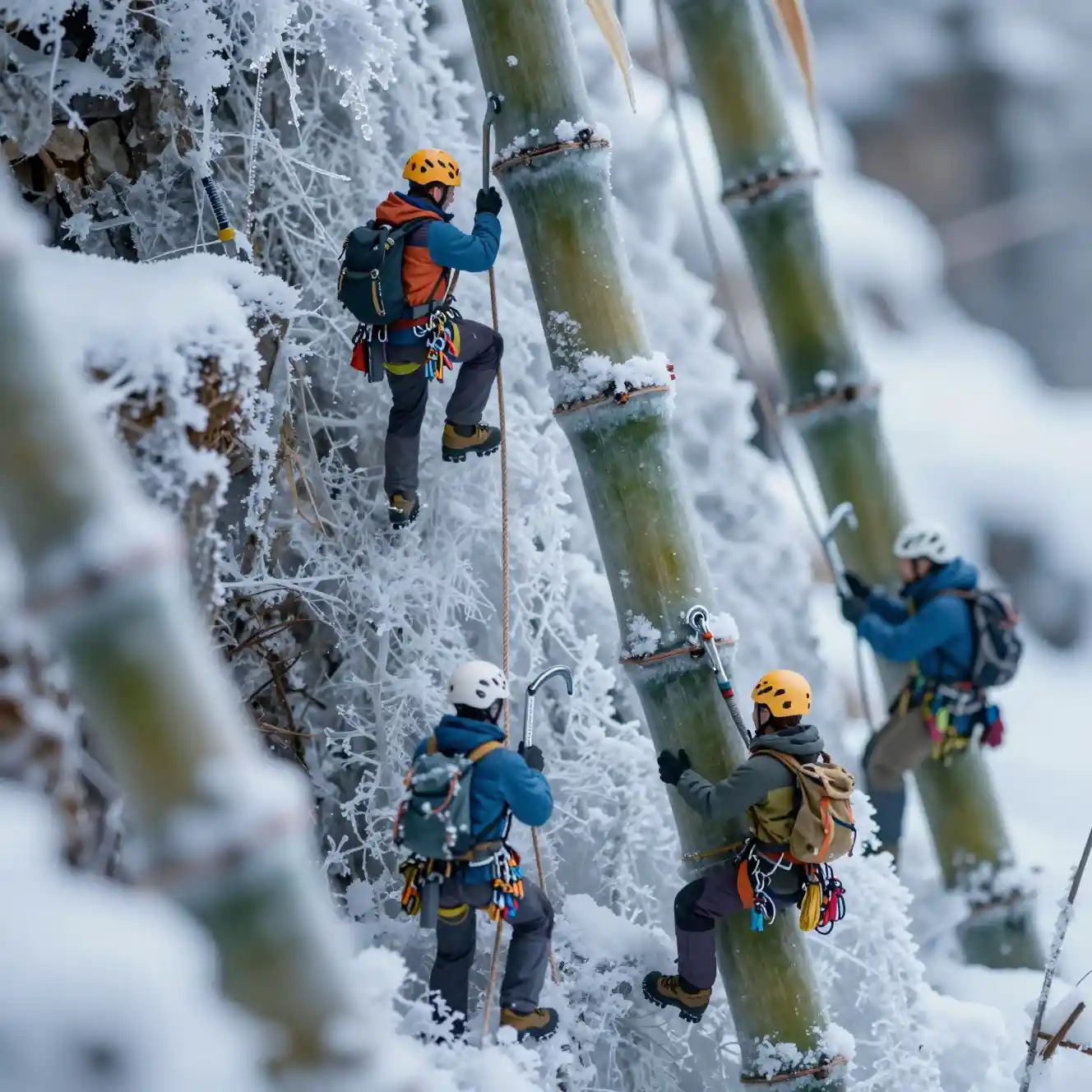 Miniature climbers scaling a frozen giant sugarcane close up
