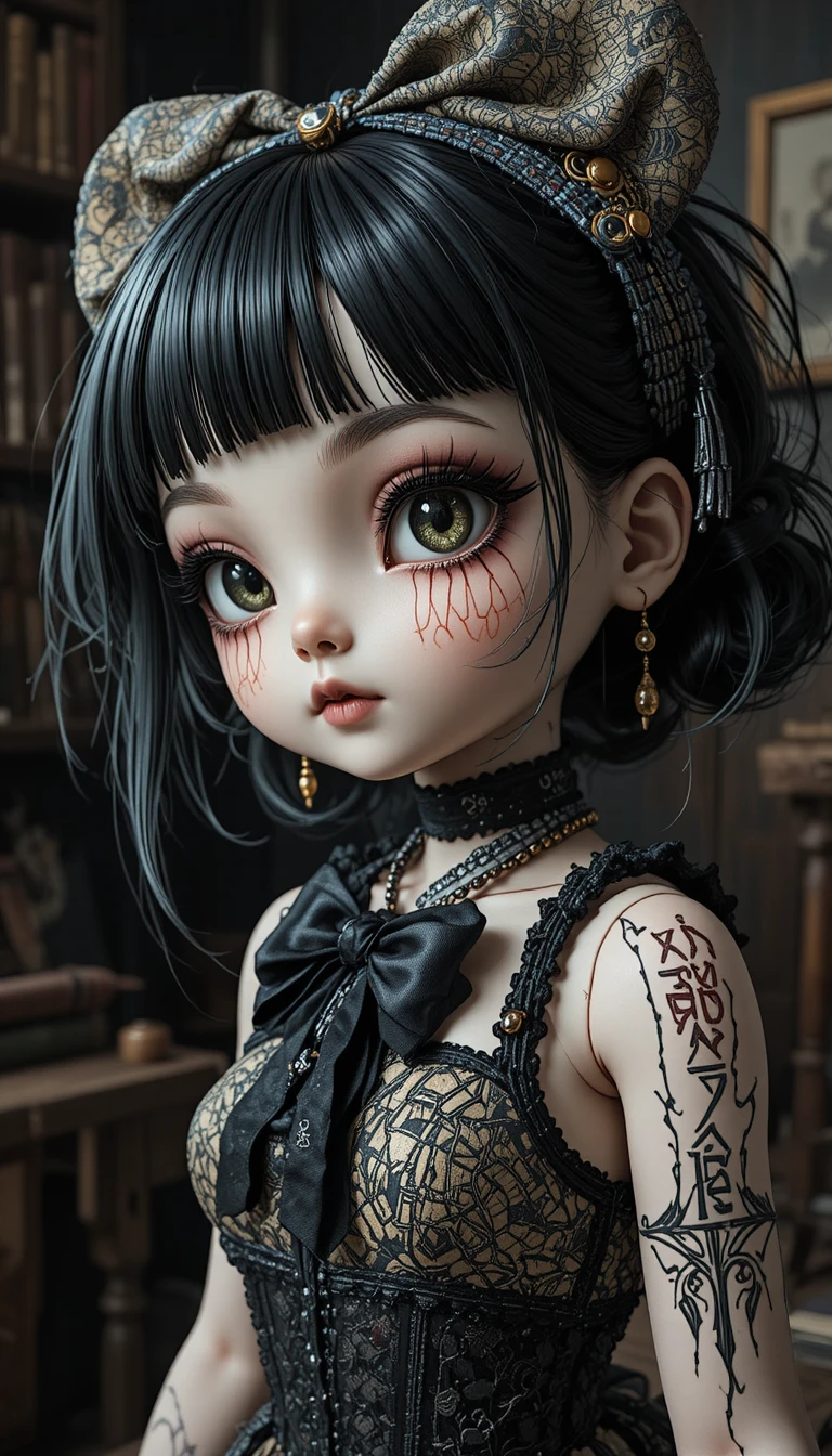 Fille poupée de chiffon style anime au visage cousu dans un studio sombre