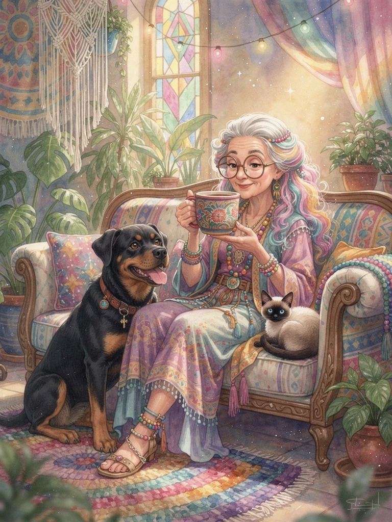 Nonna hippy che beve il caffè con cane e gattino
