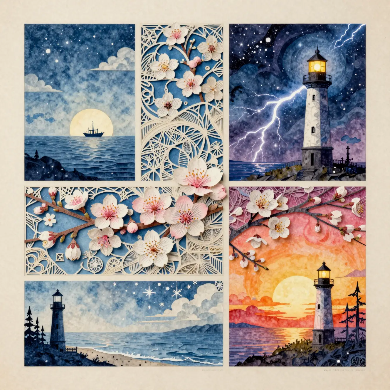 Impressionist lighthouse story with snow and comic panels
