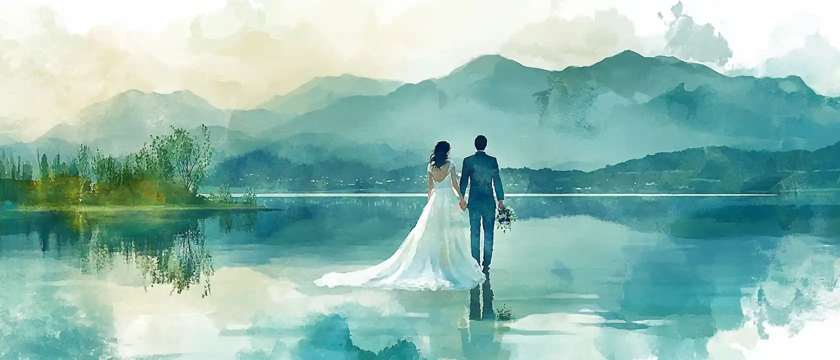 Bride and groom by a tranquil mountain lake watercolor