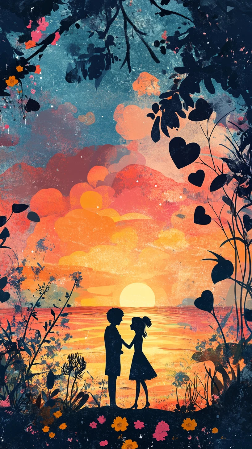 Verträumte Comic-Meereslandschaft mit silhouettiertem Paar im Sonnenuntergang