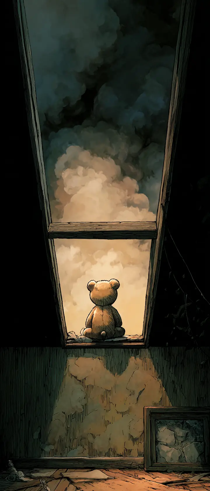 Child bedroom window facing dark attic with teddy bear