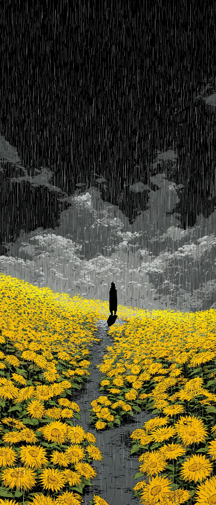 Figura solitária em campo de girassóis sob chuva com raios de sol