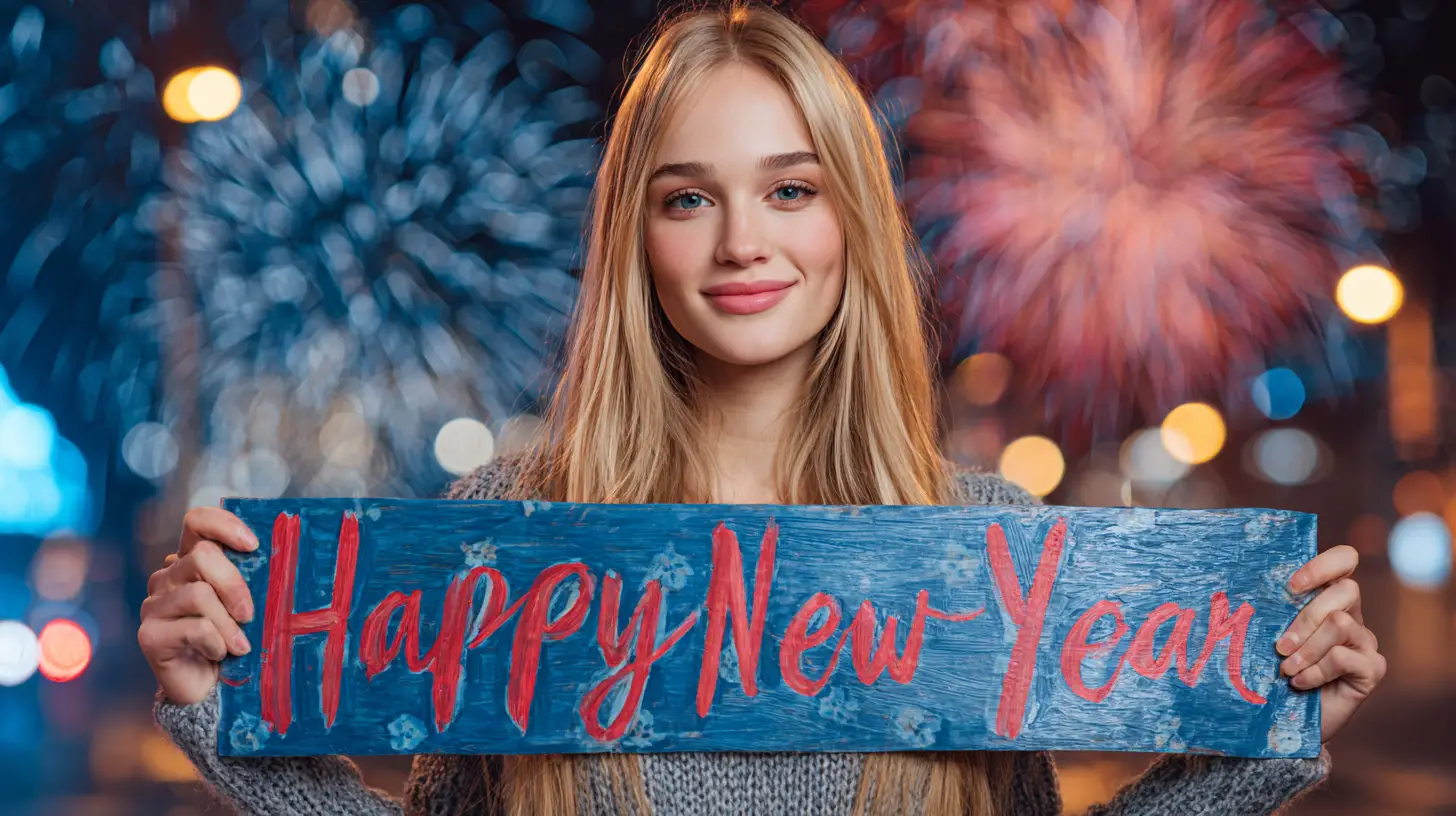 花火と新年のバナーを掲げるブロンド女性