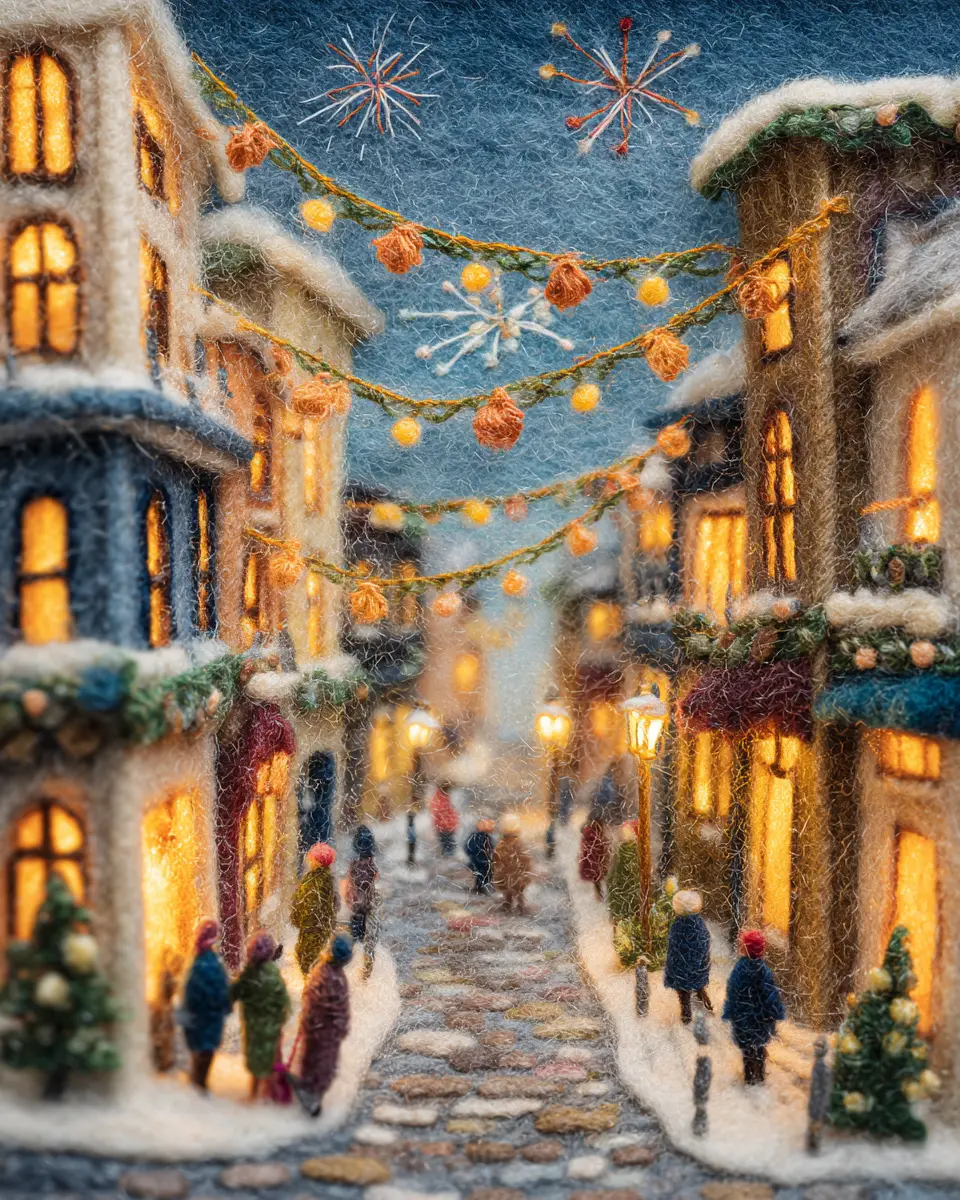 European city street with New Year lights and fireworks