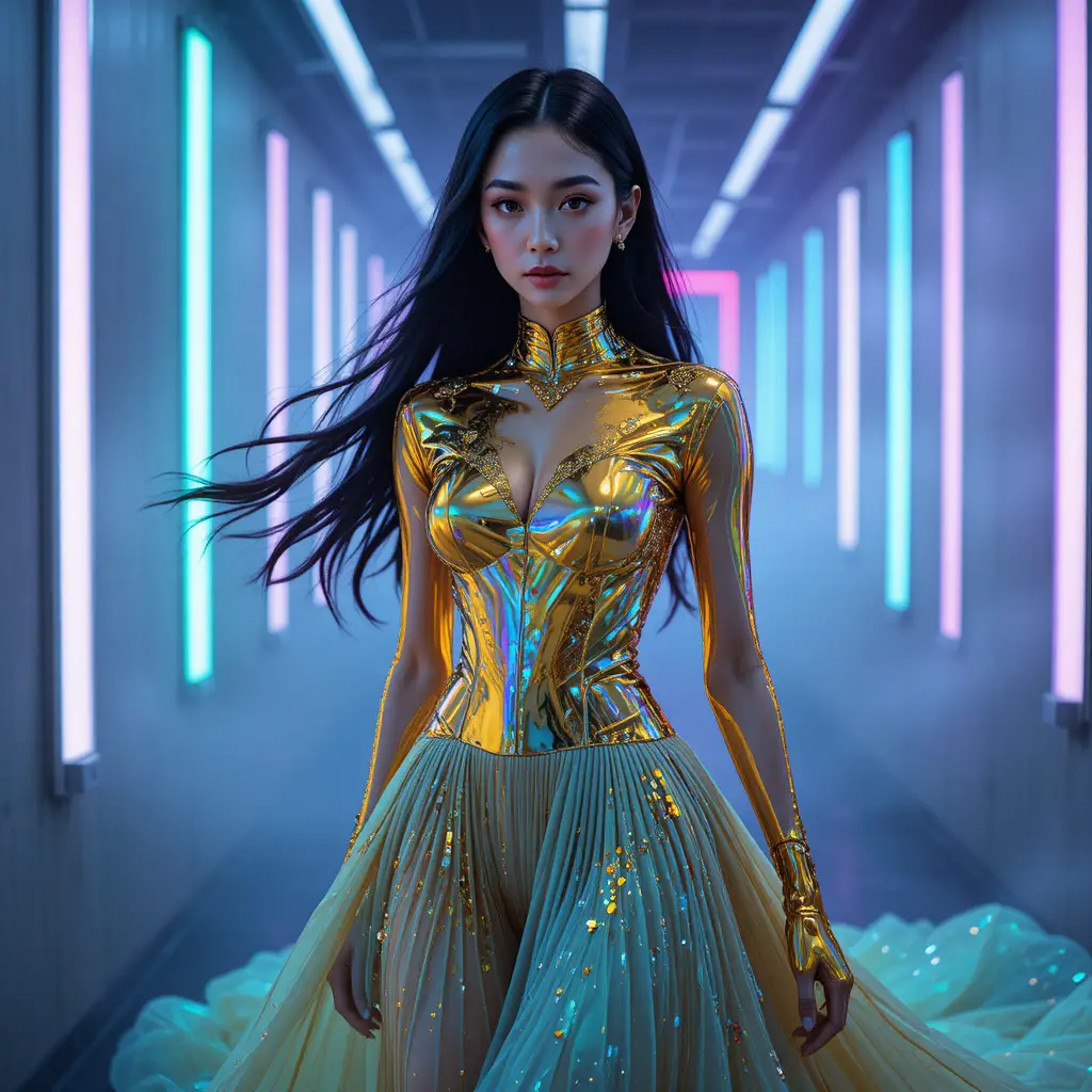 Korean model in futuristic neon couture within concrete haze