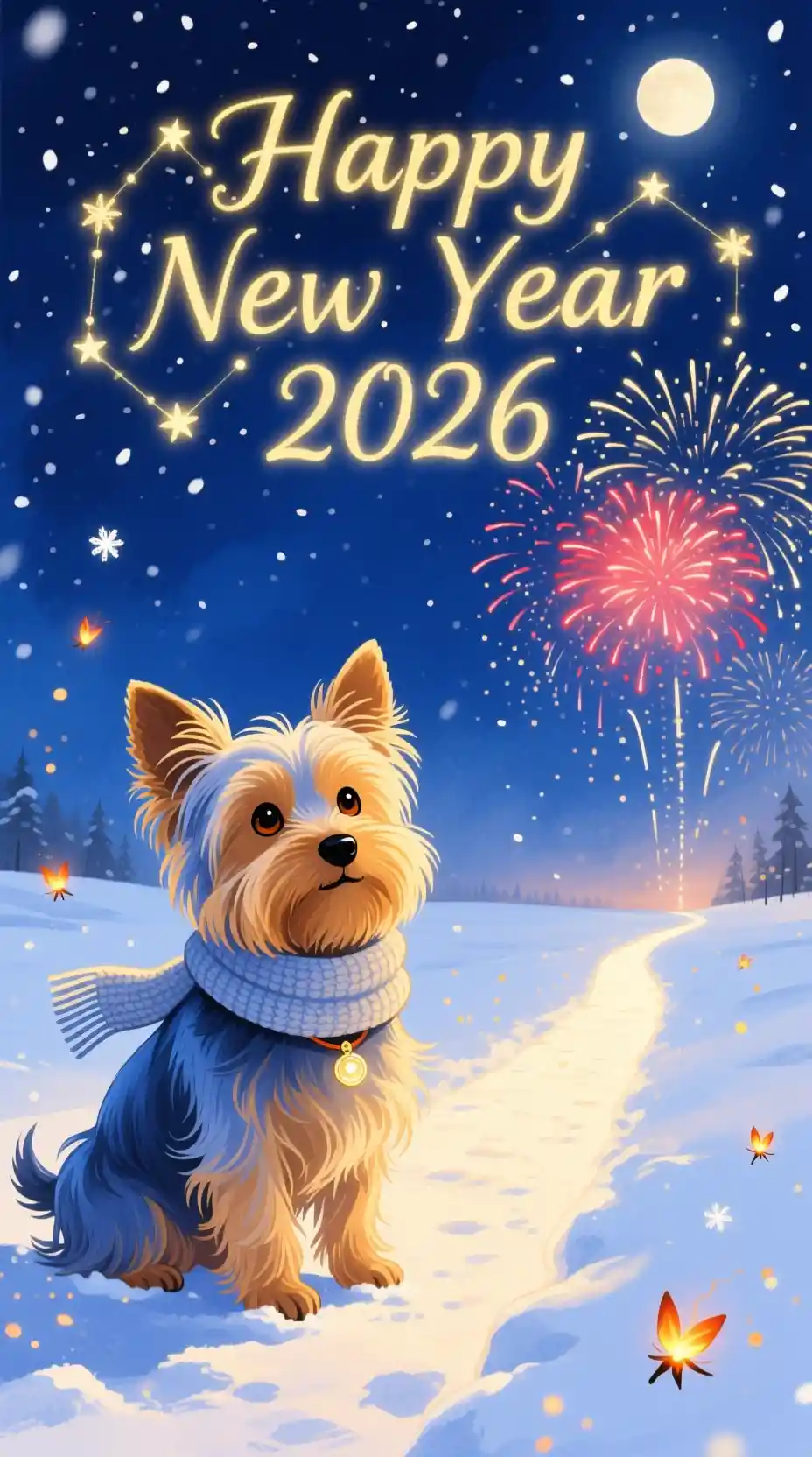 Yorkshire Terrier im verschneiten Nachthimmel – Neujahrsillustration