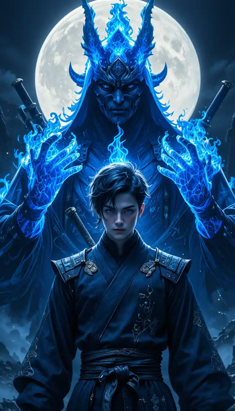 Anime ninja boy with towering blue flame samurai guardian