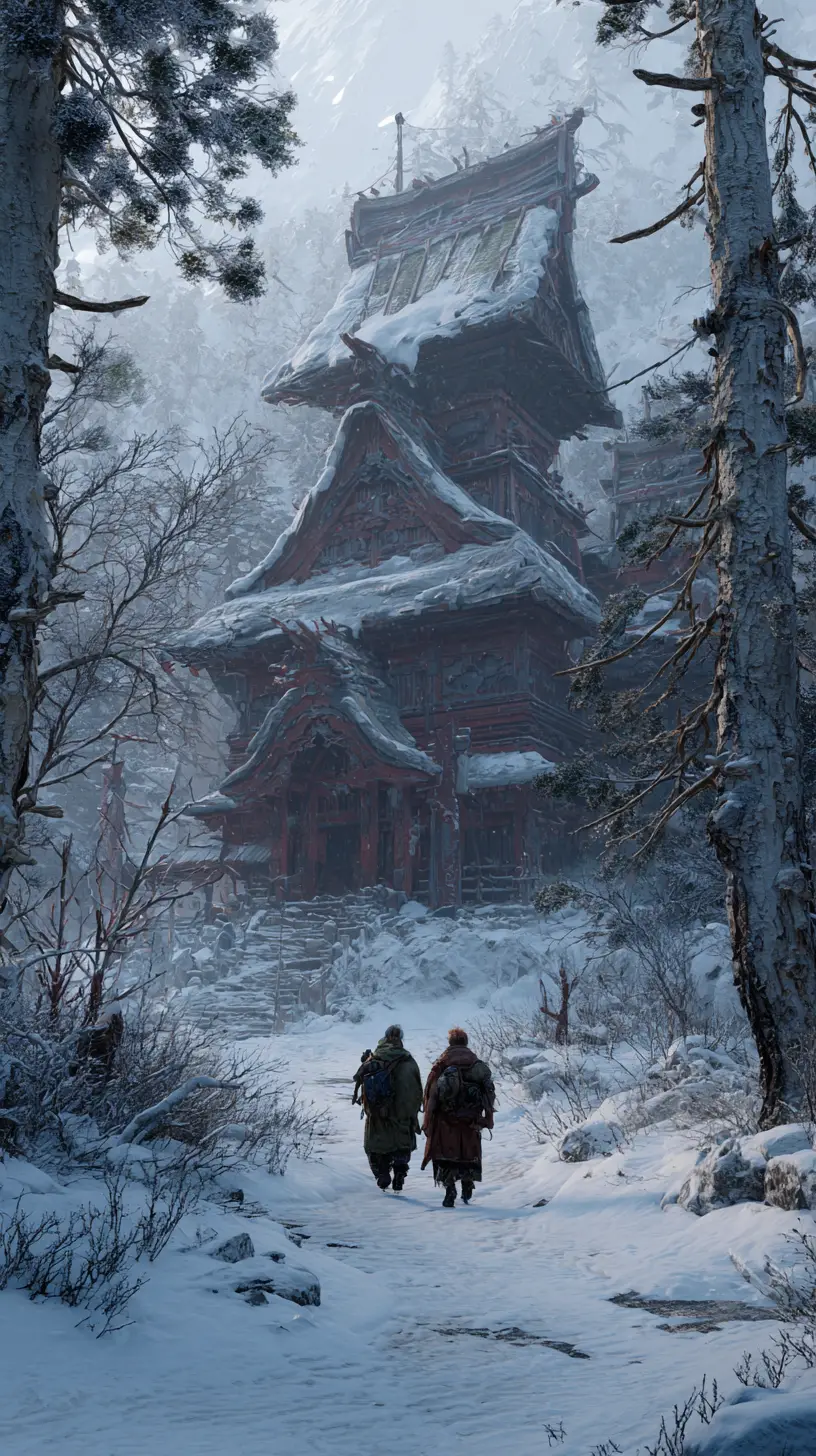 Couple Standing In Snow Beside Fantasy Village Shrine