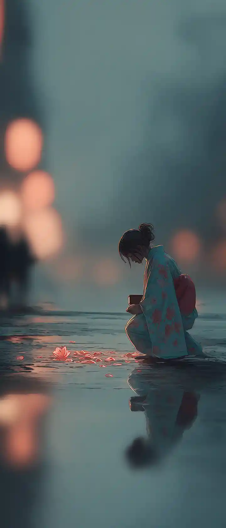 비 내리는 황혼 거리에서 무릎 꿇은 기모노 여인