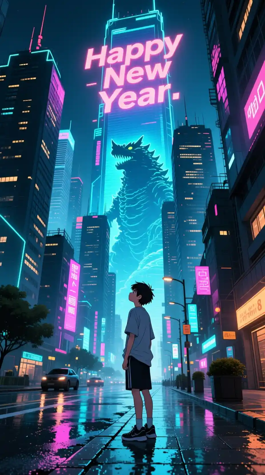 Adolescent sous les néons d’une ville chinoise futuriste