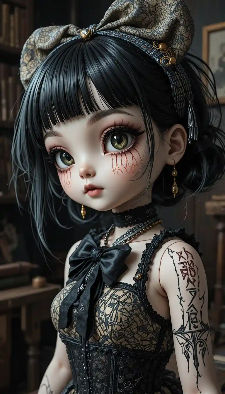 Anime ragdoll girl with stitched face in dark studio