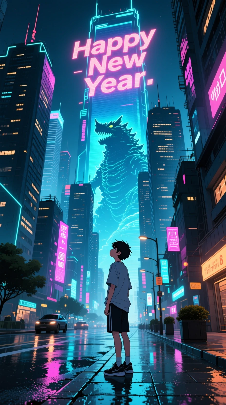 Garoto adolescente sob luzes de néon em cidade chinesa futurista