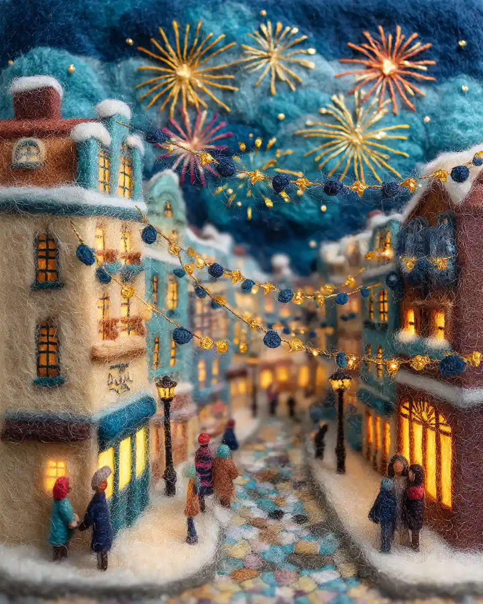 Rue de ville européenne festive dans une scène hivernale en feutrage à l’aiguille