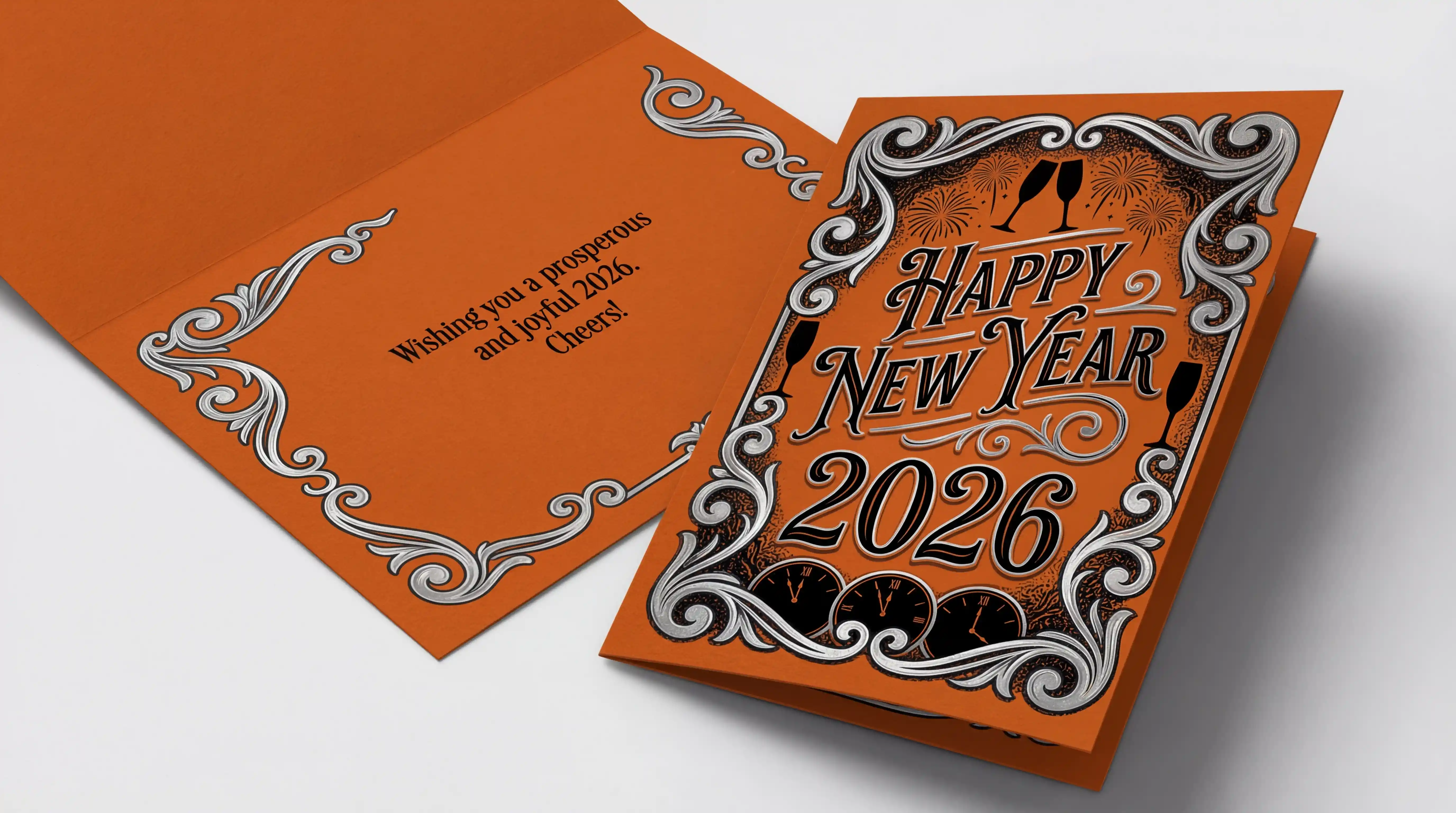 Orange and black new year 2026 celebration greeting card