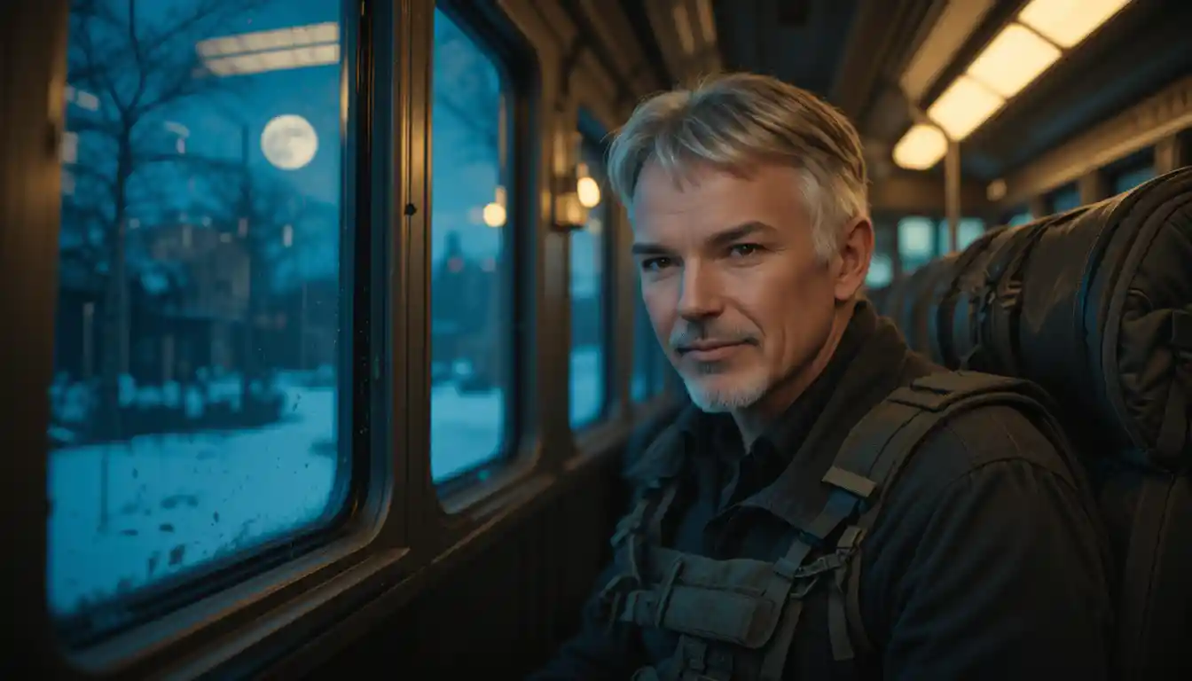 Man with tactical pack riding a night train