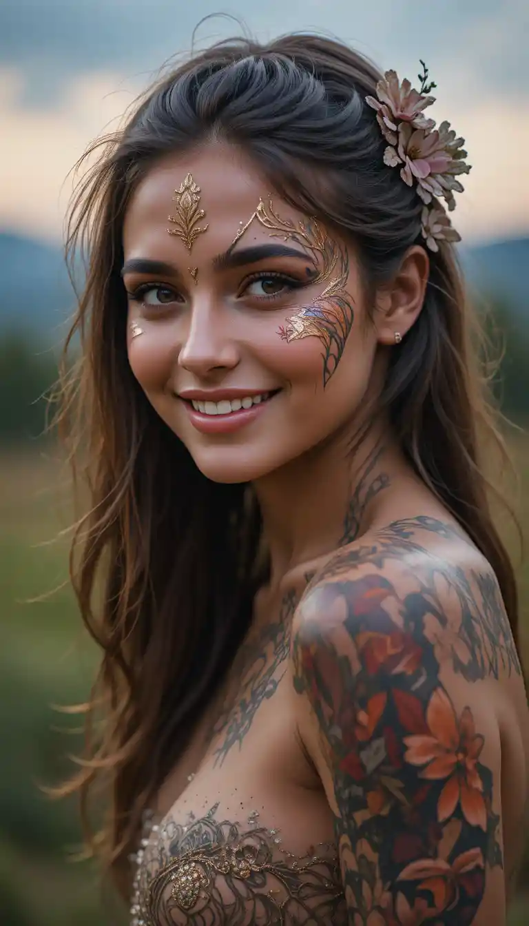 Smiling young woman with body paint in natural setting