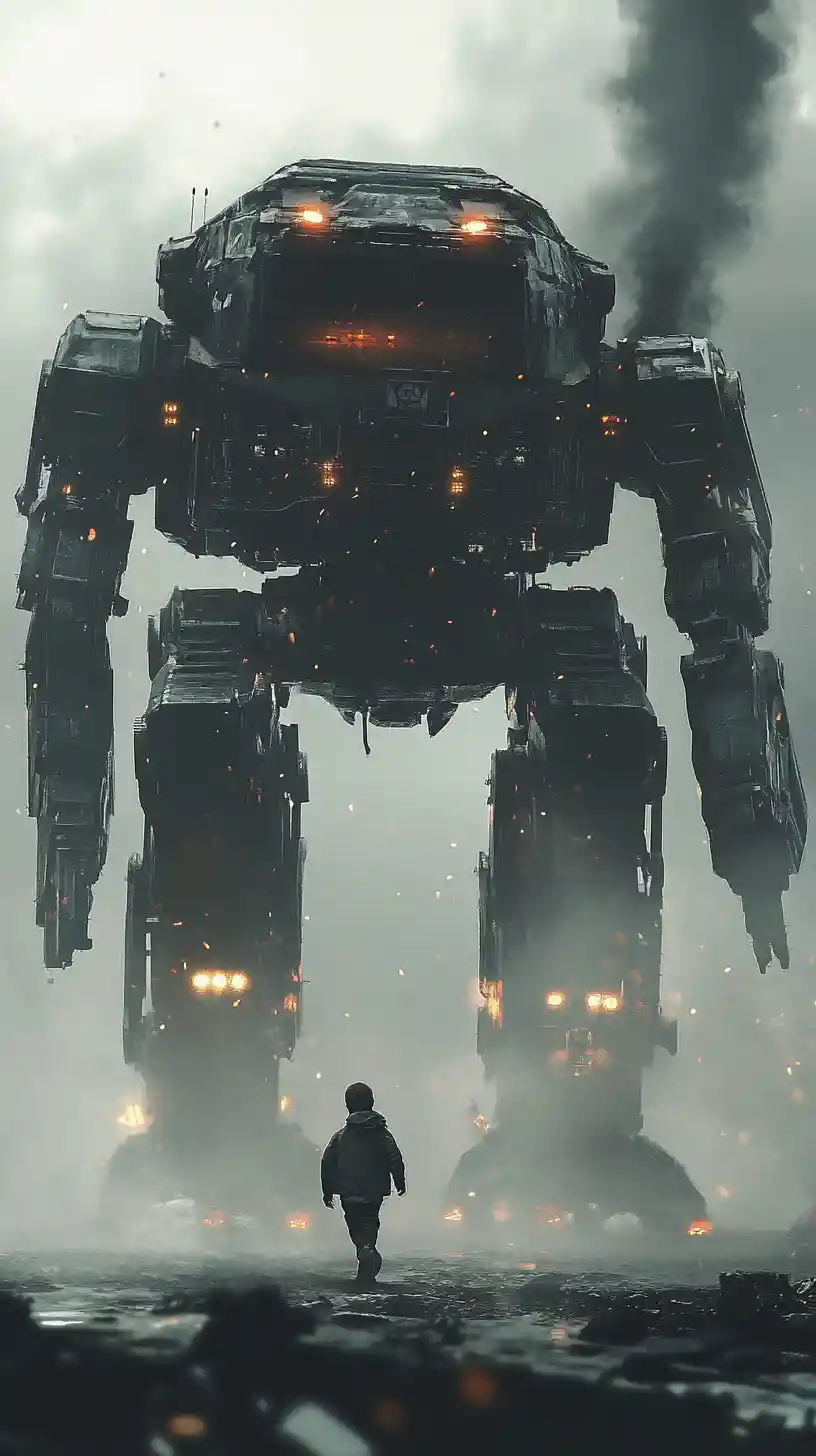 Giant mech taking its first heavy step across platform