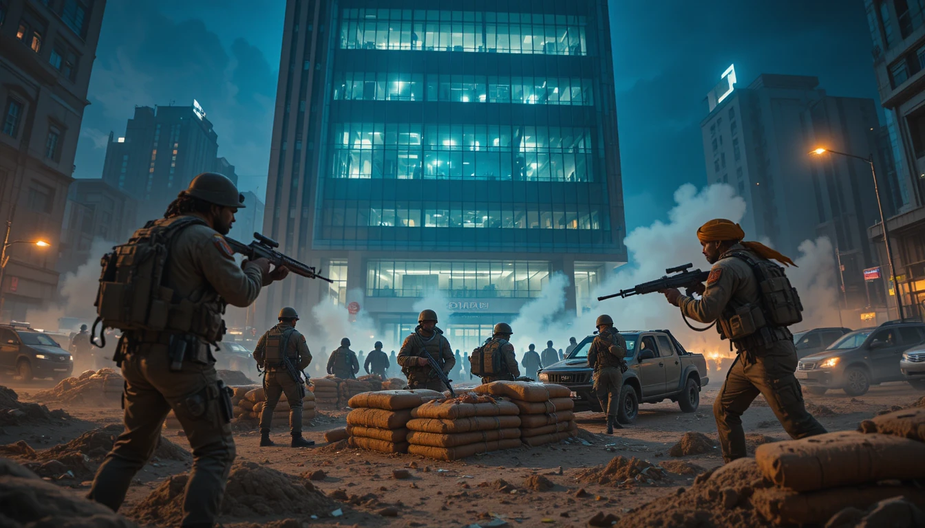 Armed rebel soldiers surround a modern office tower at night