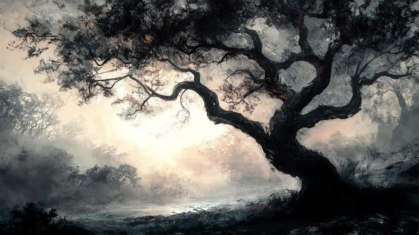 Ancient lonely tree standing unseen among forest lovers