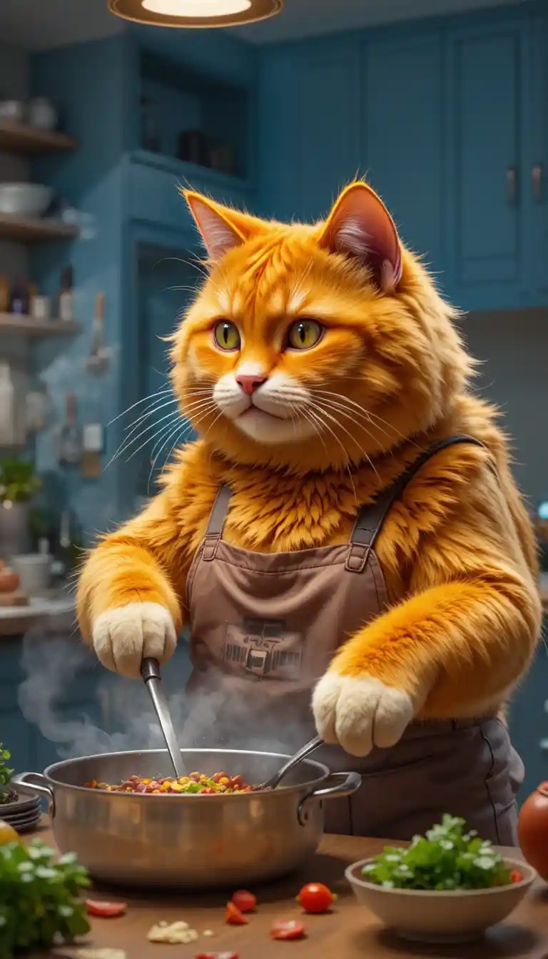 Orangene Katze kocht Abendessen in einer modernen Küche