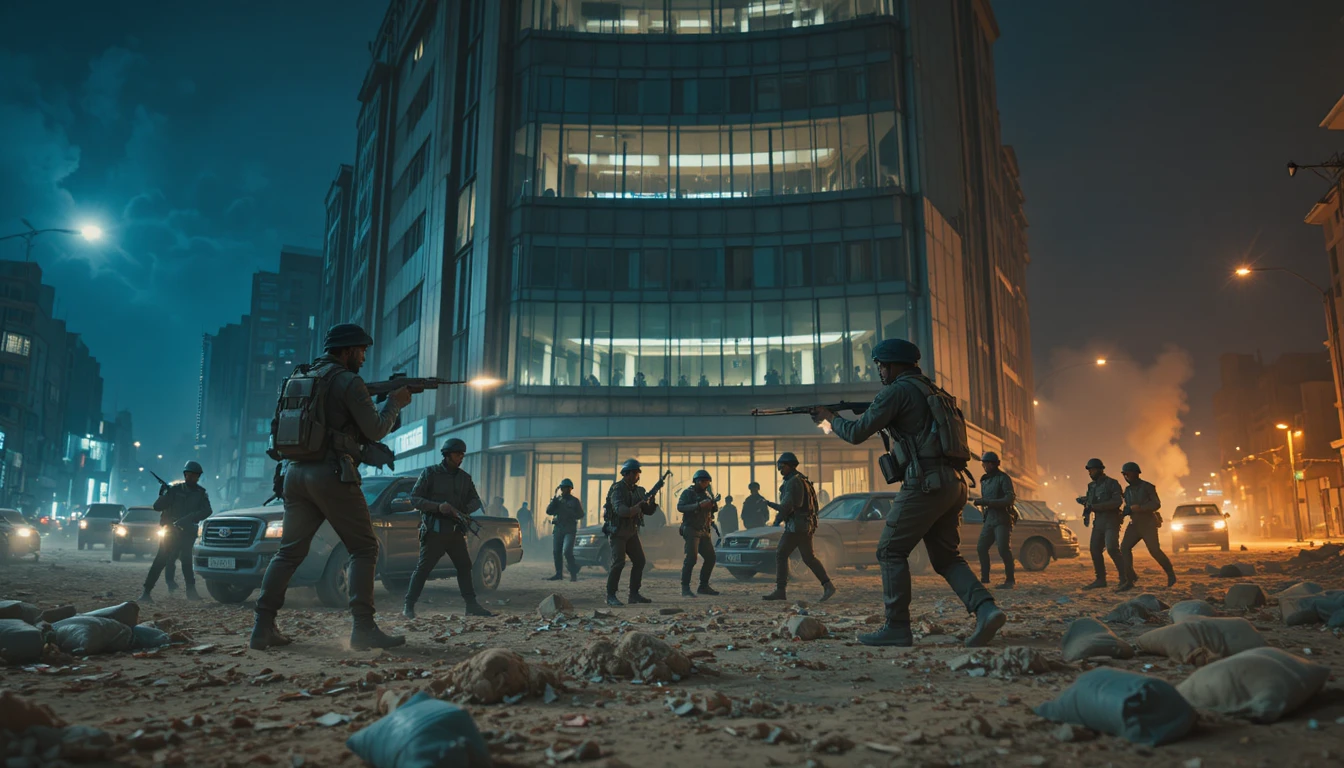 Armed rebels surround a modern office tower at night