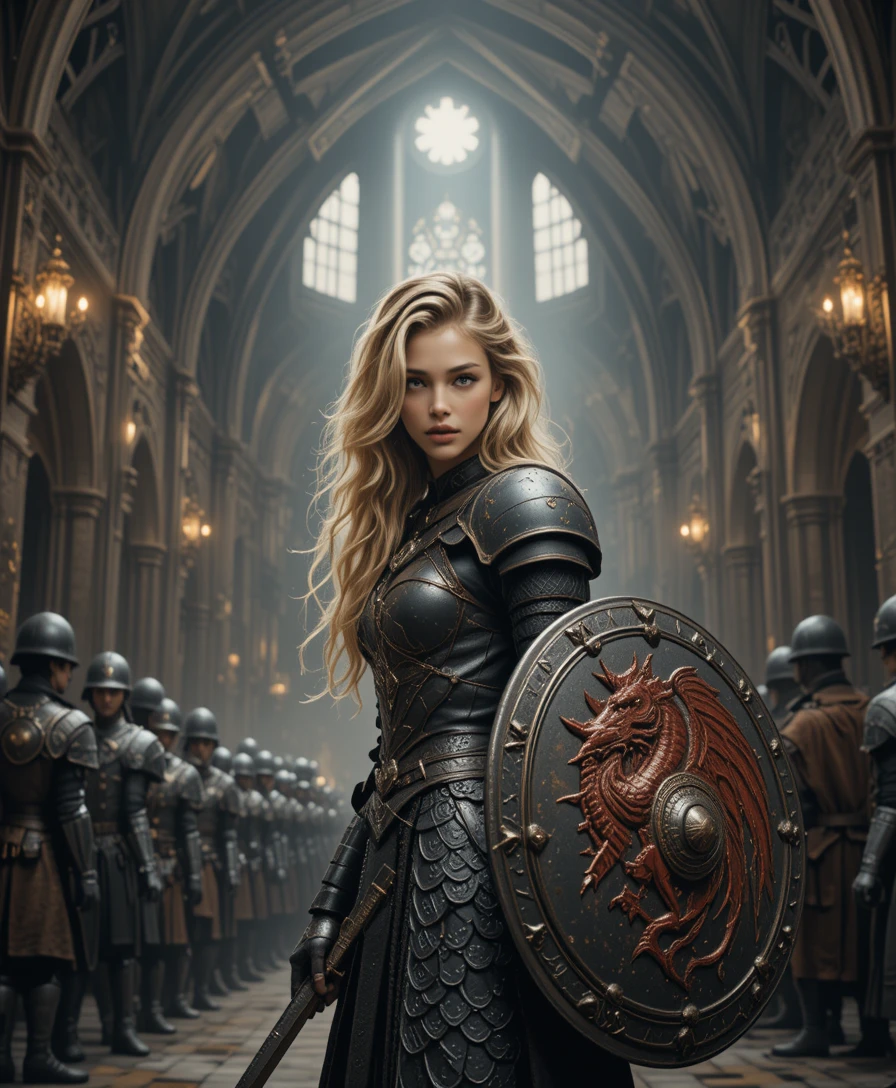 Female knight in armor in a grand gothic cathedral