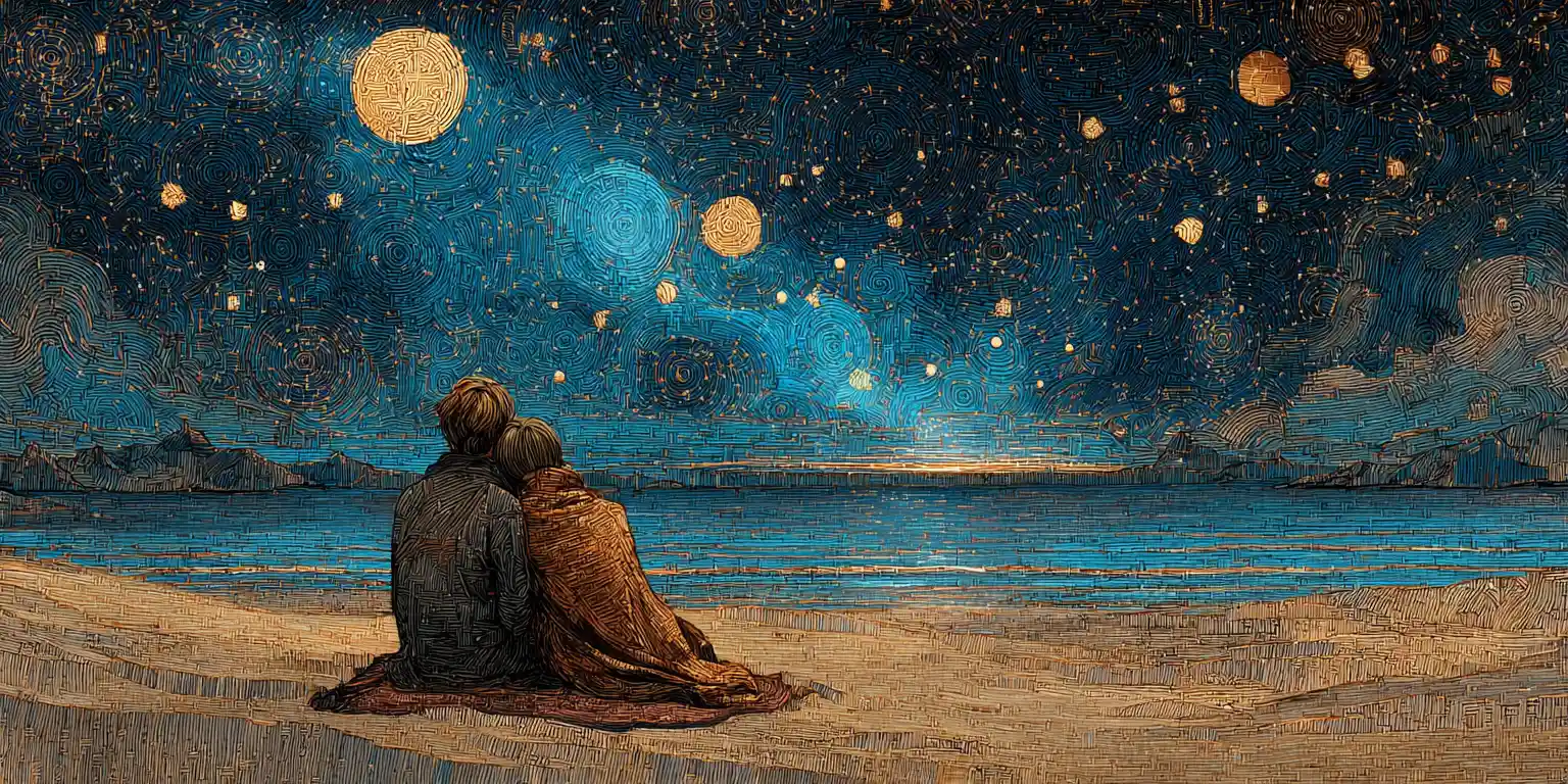 Dreaming couple on a starlit beach under moonlit sky