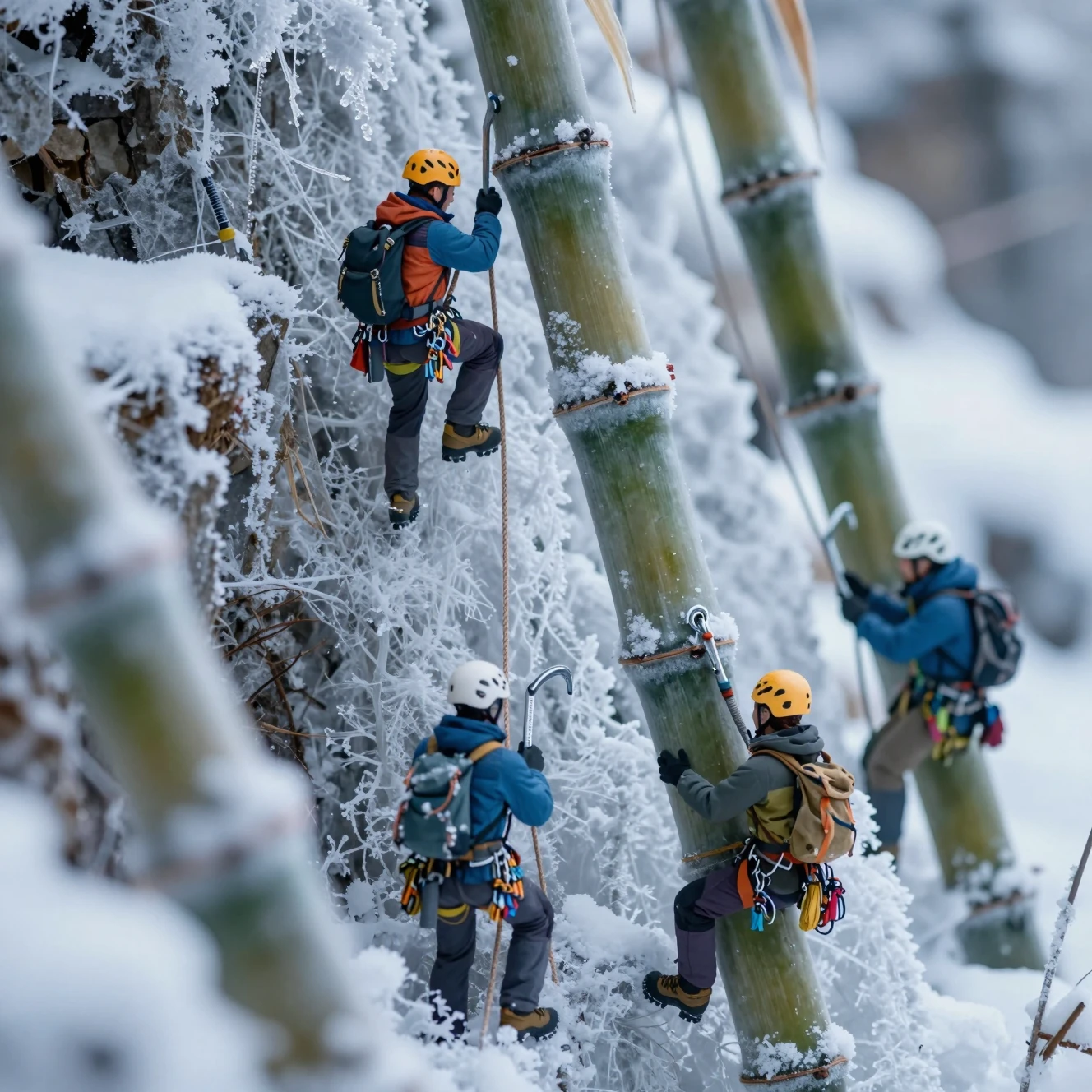 Miniature climbers scaling a frozen giant sugarcane close up