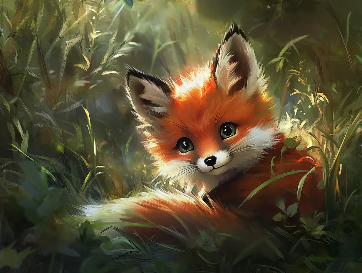 Adorable baby fox peeking playfully from tall green grass