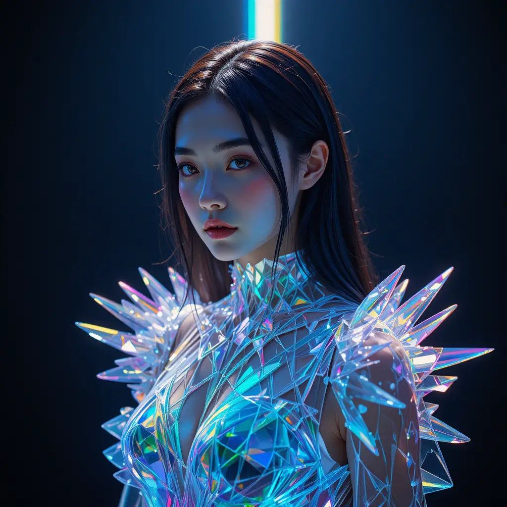 穿著水晶棱鏡禮服、沐浴彩虹光的韓國模特兒