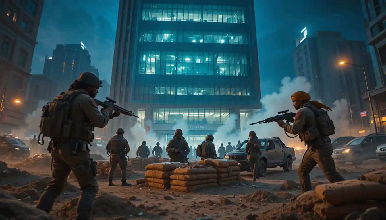 Armed rebel soldiers surround a modern office tower at night