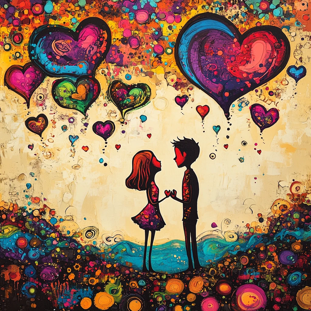 Storia d’amore in arte naïf con cuori e pannelli di tramonto sul mare