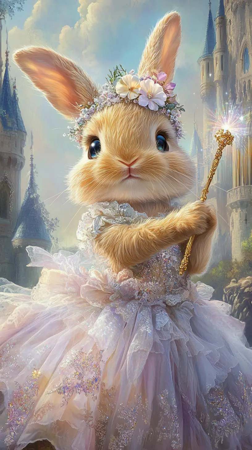 Cute rabbit princess with magic wand in castle