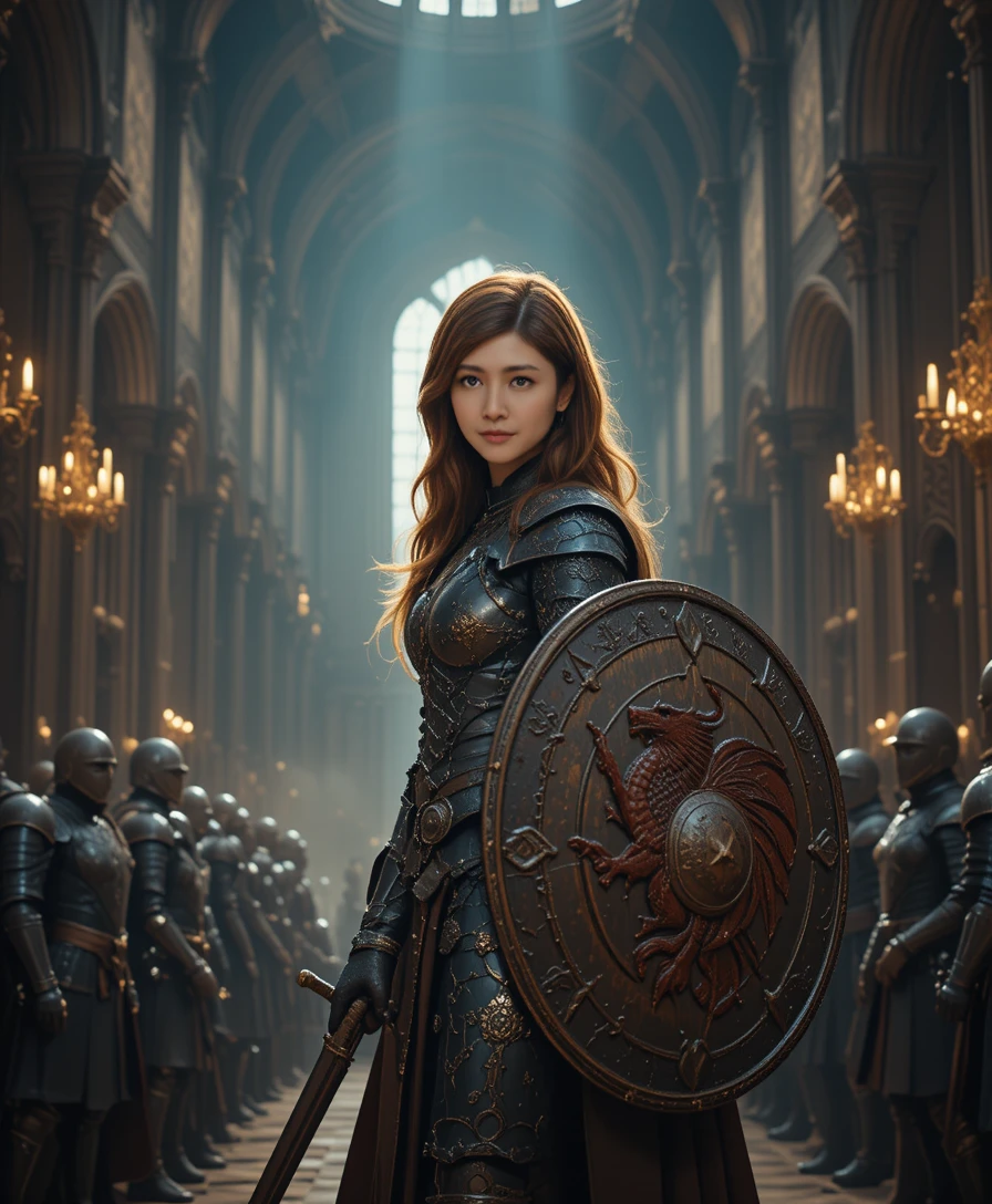 Armored female knight in a grand gothic cathedral hall