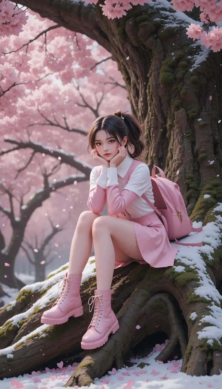 Girl resting on a cherry blossom tree root in falling snow