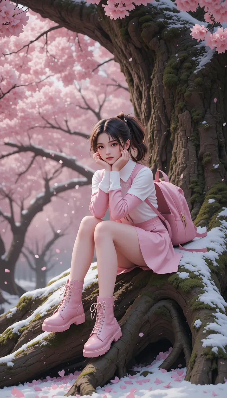 Girl resting on a cherry blossom tree root in falling snow