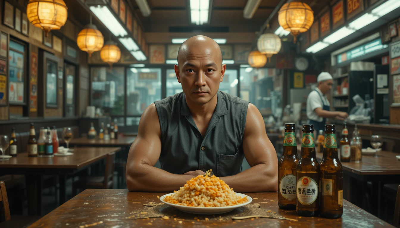 Serious man in taiwanese stir fry restaurant interior