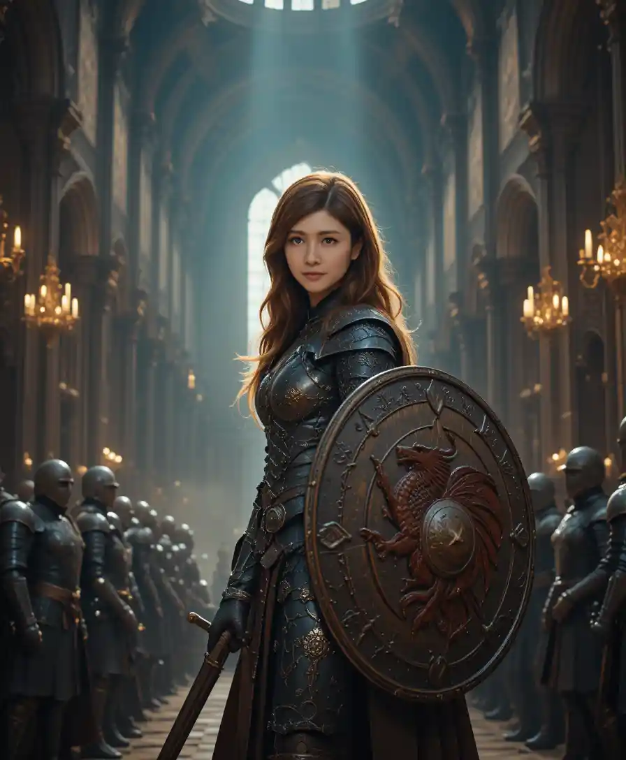 Armored female knight in a grand gothic cathedral hall