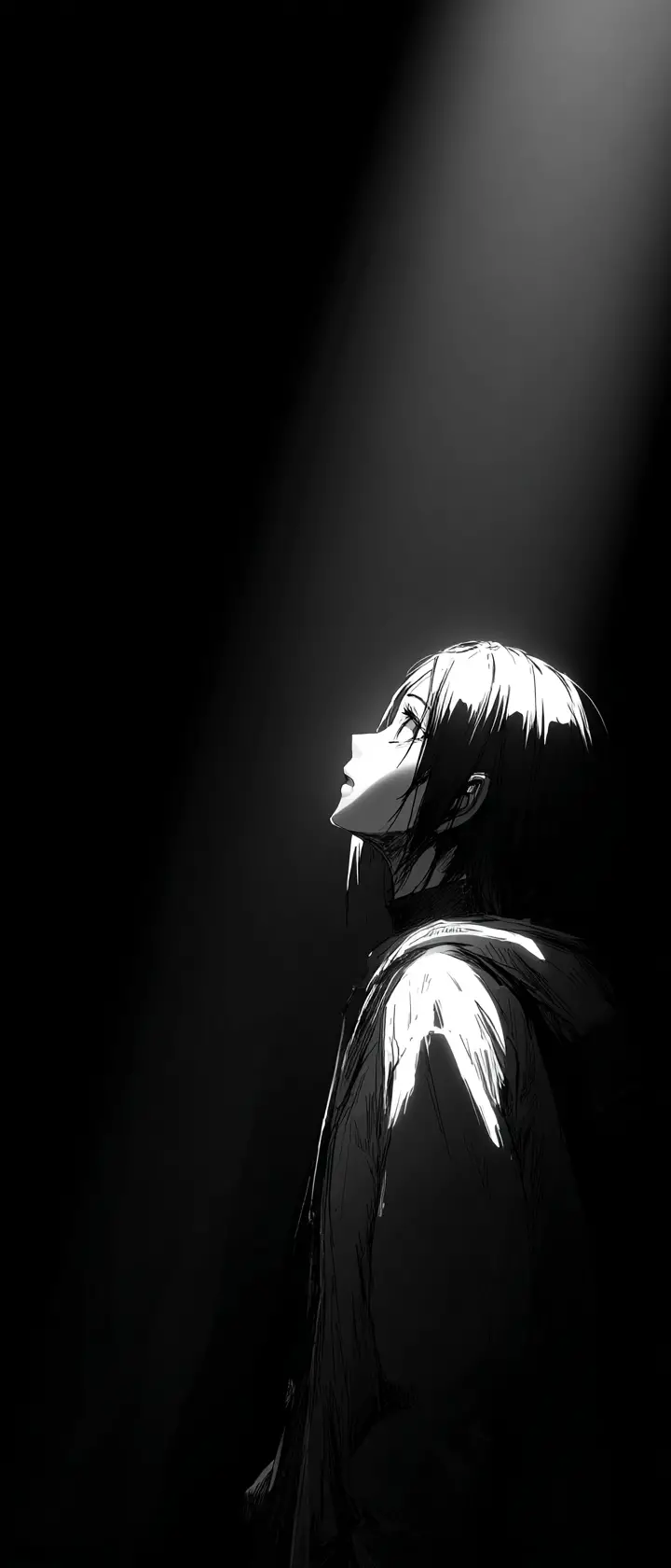 Close up anime portrait in darkness with single beam