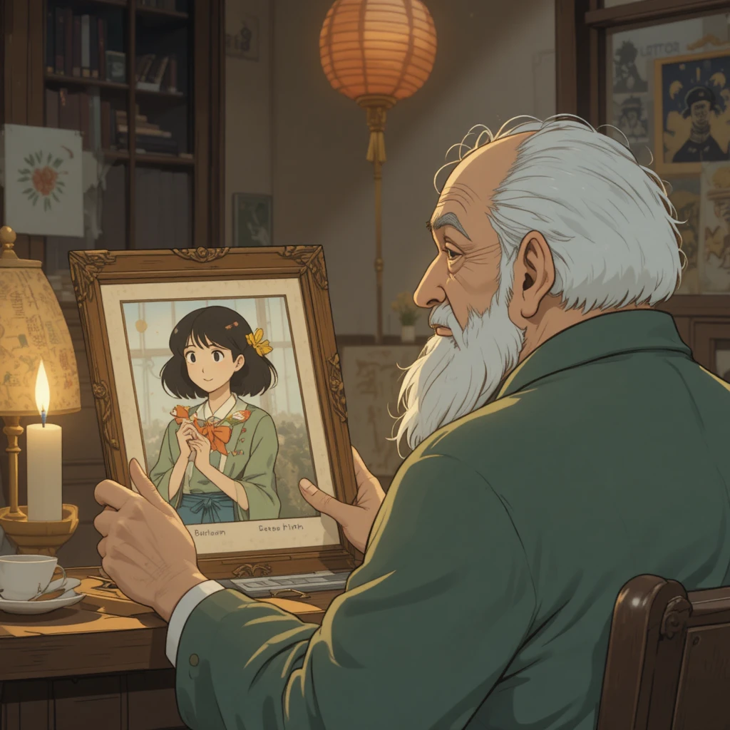 Anziano che ricorda l’infanzia in una stanza in stile Ghibli