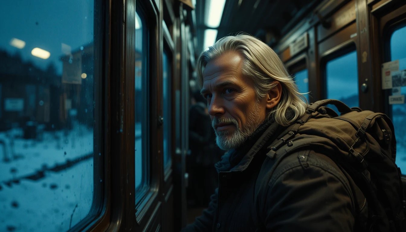 Man in a train at night with a cold reflective stare