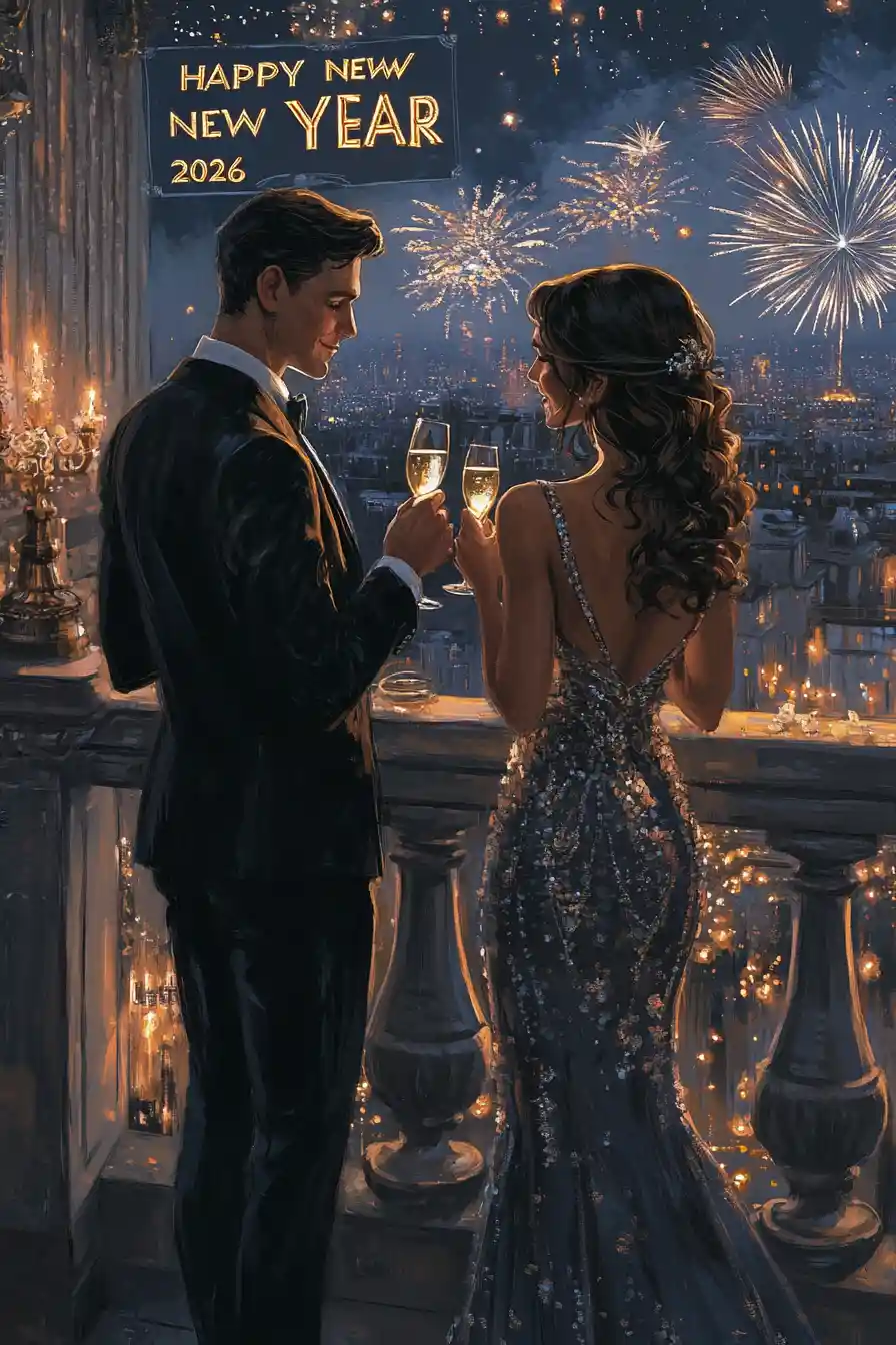 Elegant couple toasting champagne on a luxury penthouse terrace