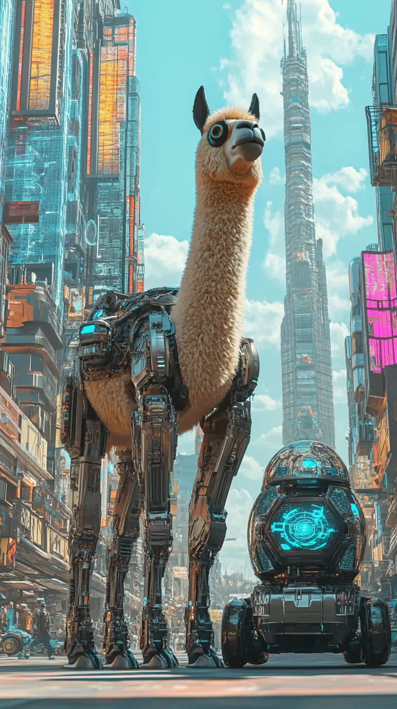 Cybernetic alpaca and droid in a glowing futuristic city