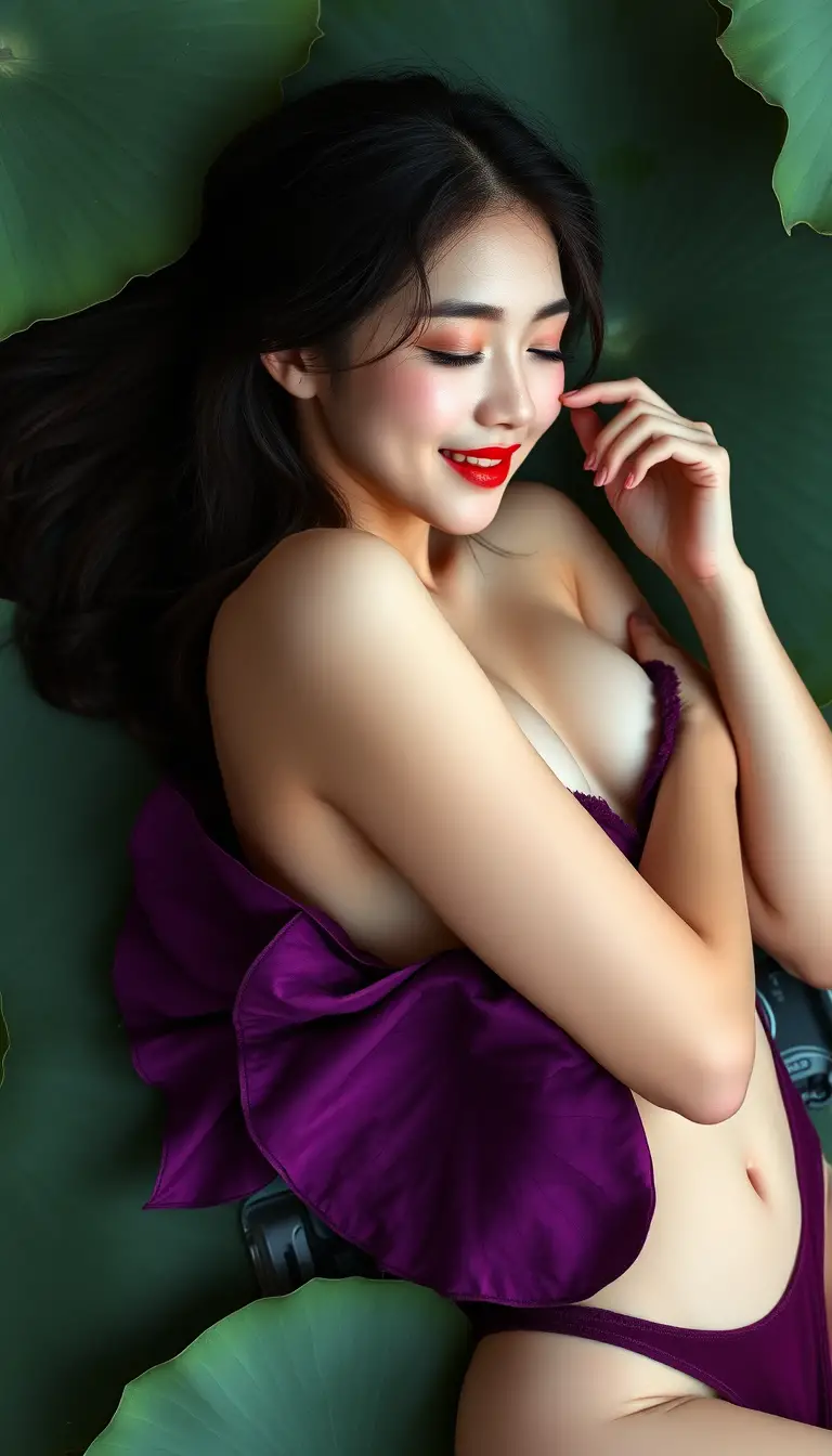 Smiling woman in lotus leaf outfit lying romantically