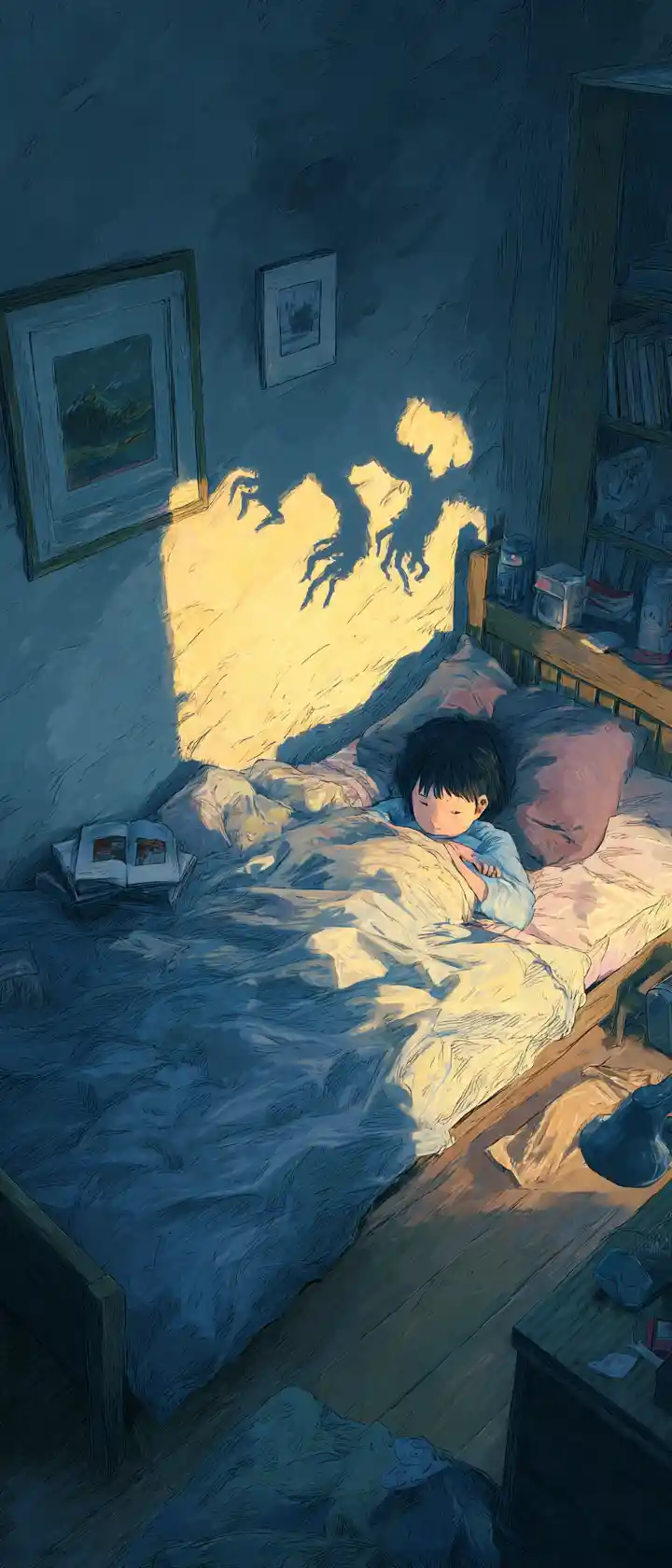 Bambino che dorme in una stanza silenziosa con ombra strisciante sul muro