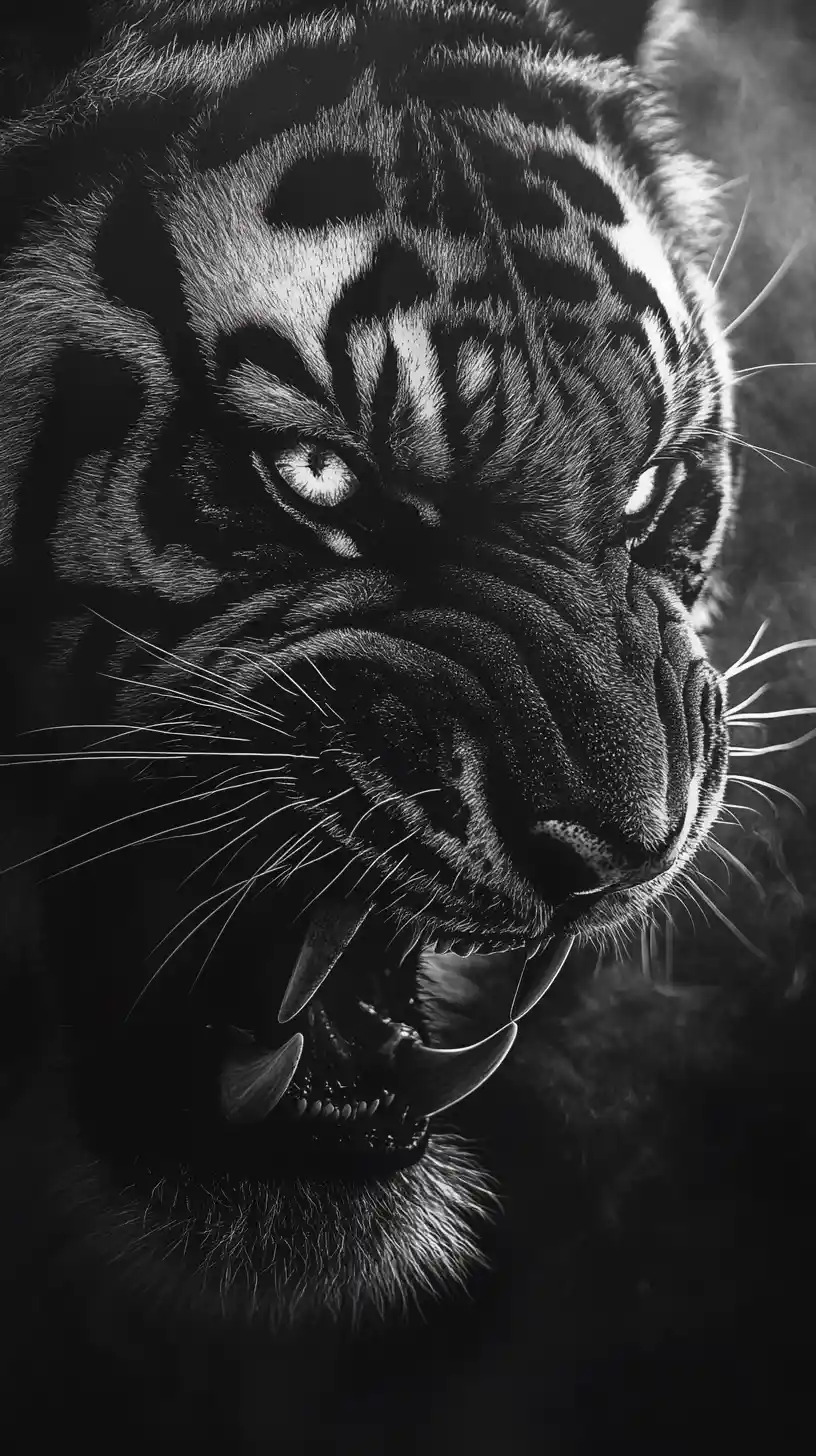 Tigre ringhiante in primo piano con occhi luminosi nel fumo