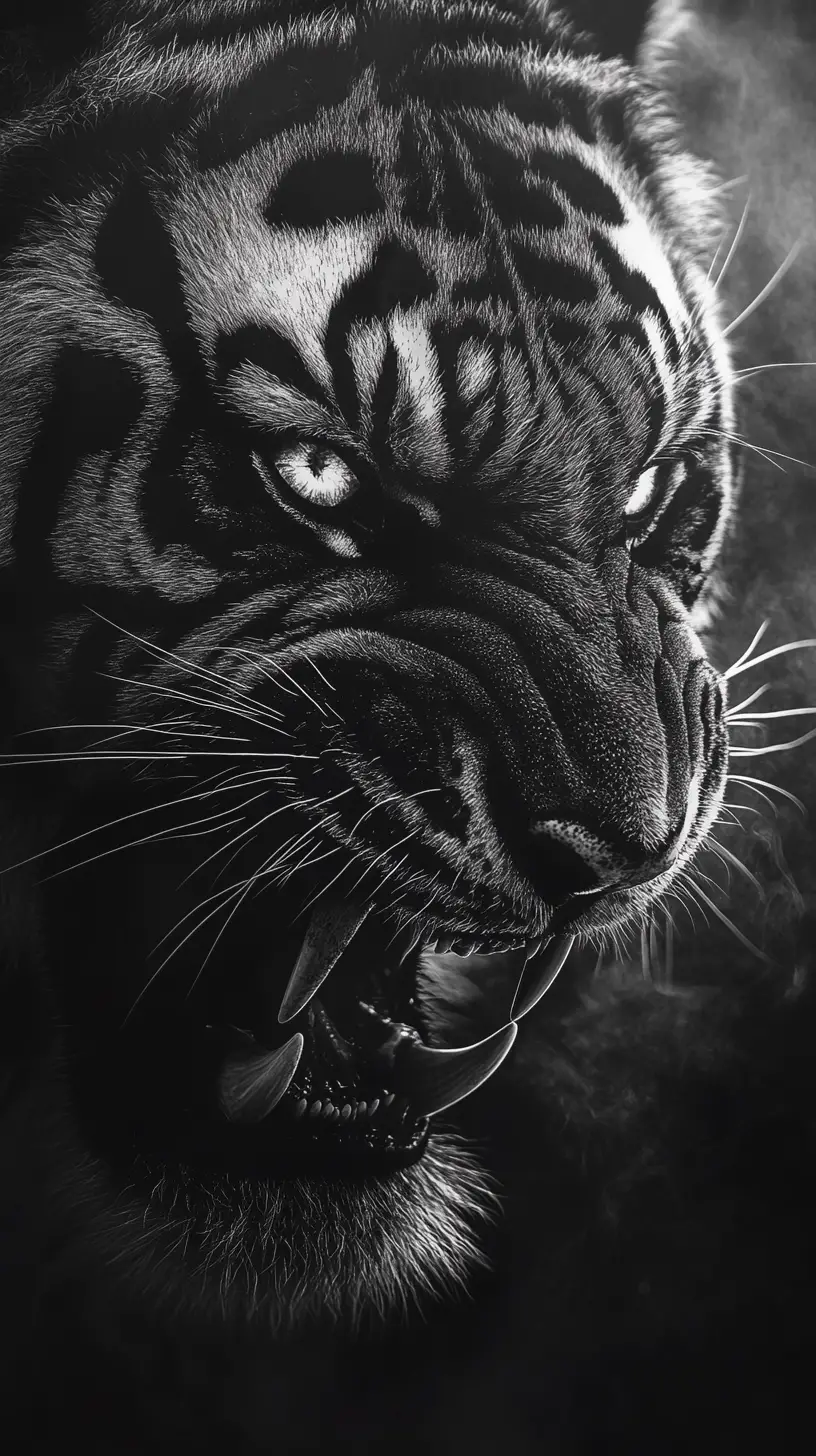 Snarling tiger close up with glowing eyes in smoke